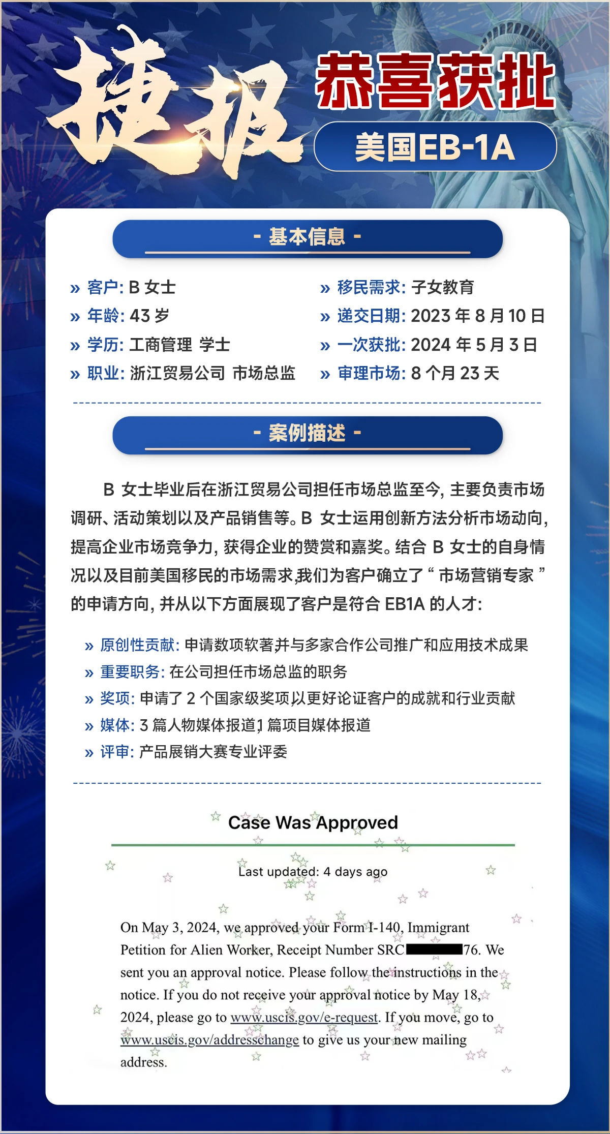 美国EB-1A成功获批案例 | 贸易公司市场总监B女士8个月23天一次通过