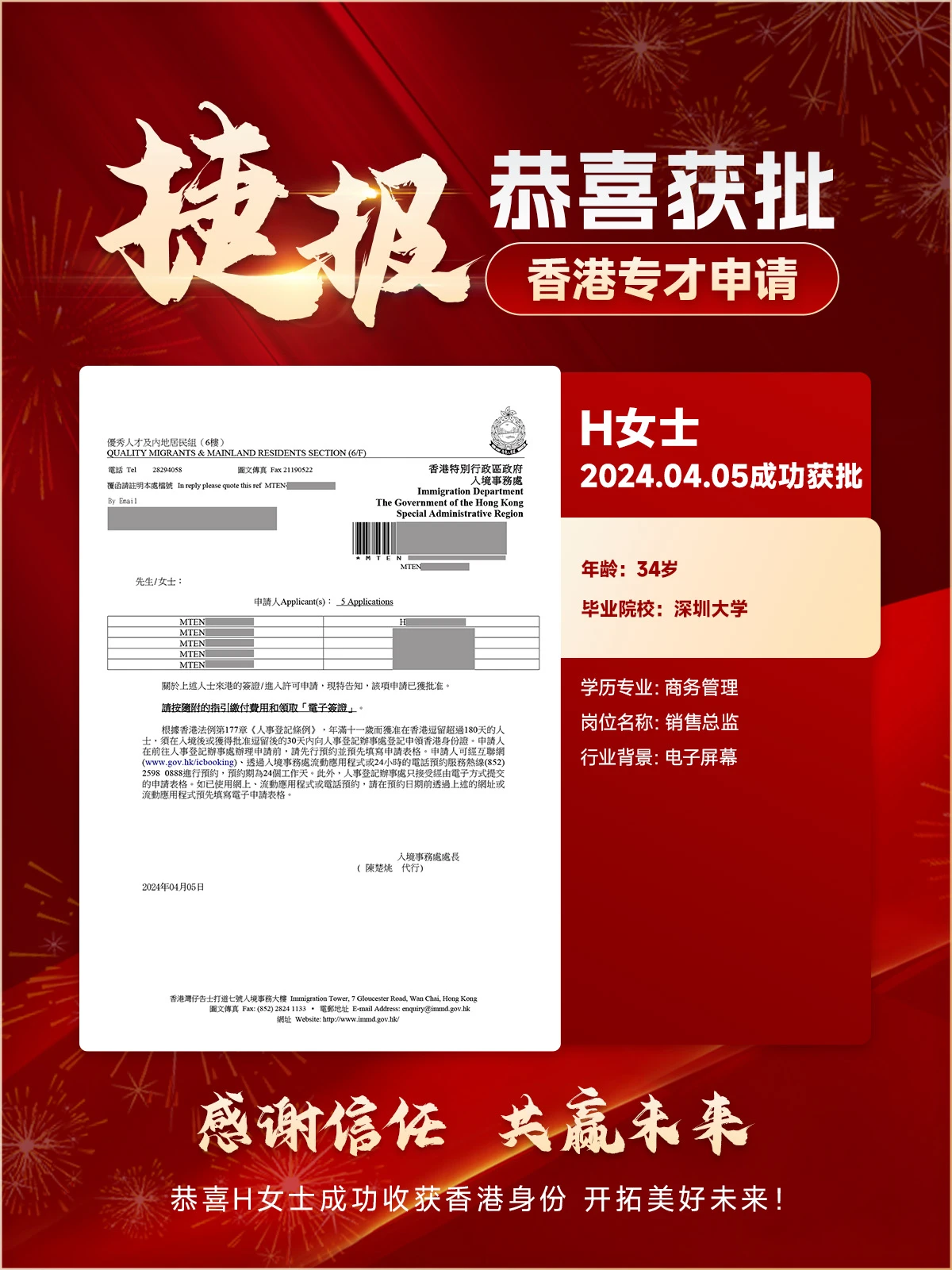 香港专才计划成功获批案例 | 电子屏幕销售总监H女士34岁深圳大学商务管理学士（2024.4.5）